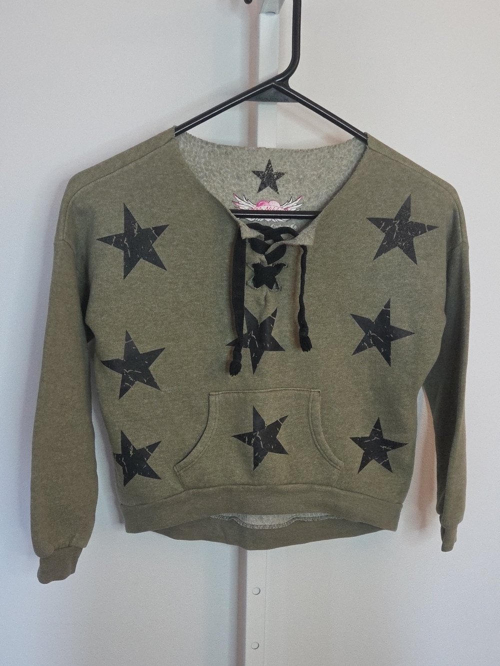 So Nikki girl’s camo Sweater Lace Up star top size medium 5 Olive Green Black